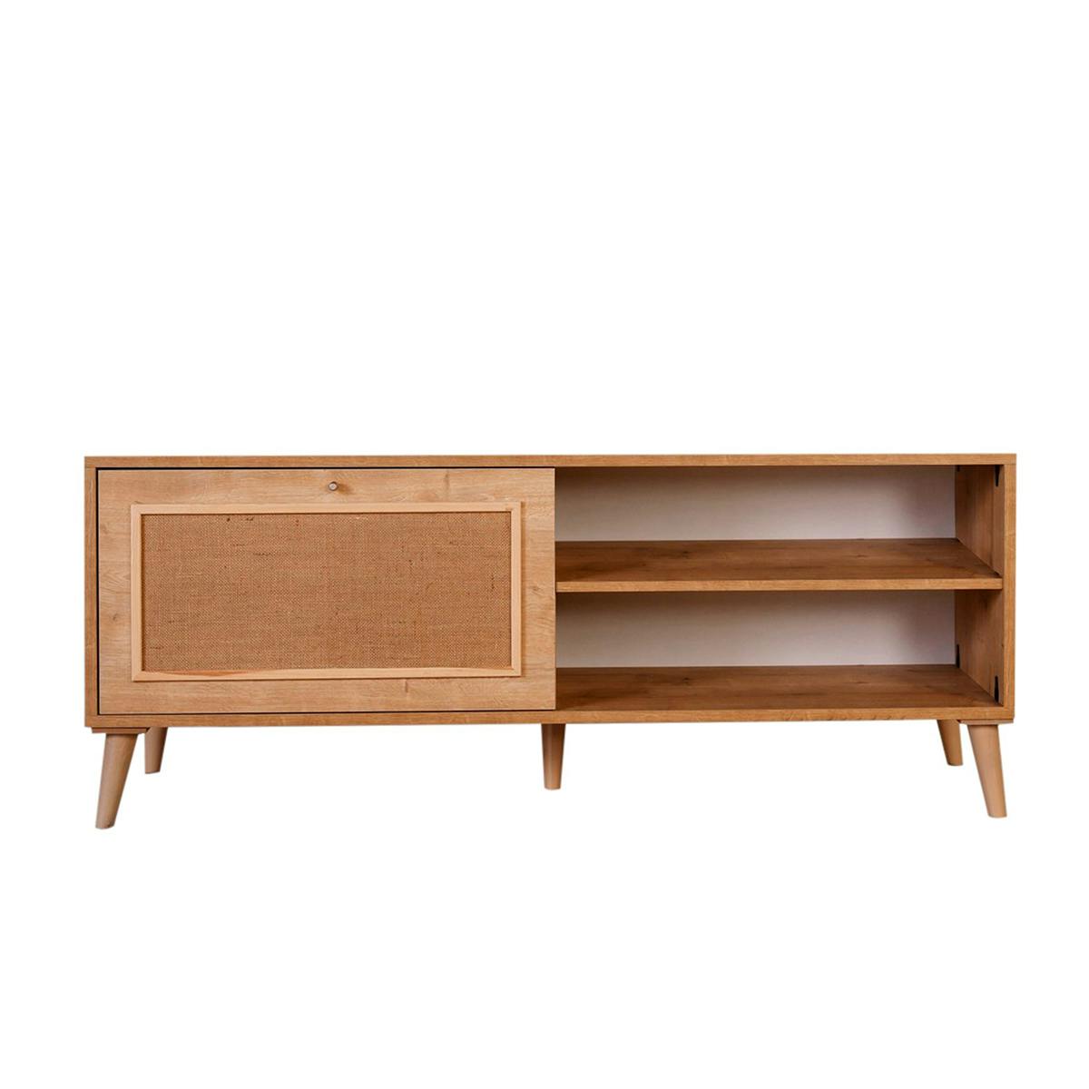 Meuble TV bohème avec porte tissu toile jute MARFA bois naturel, PIER IMPORT