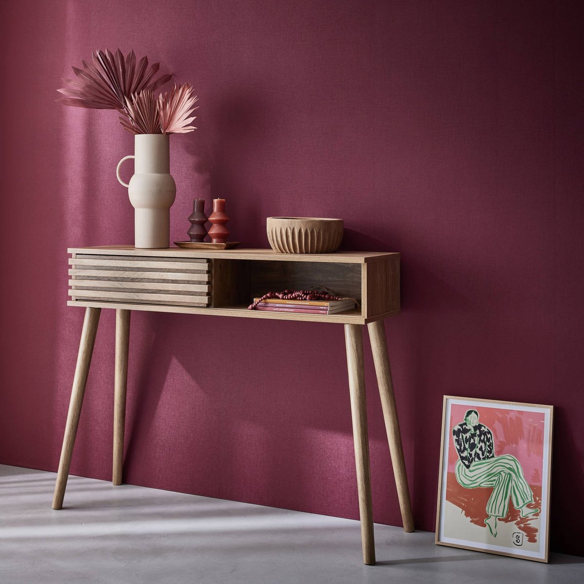 Console scandinave décor bois avec porte coulissante rainurée MADERE naturel, SWEEEK