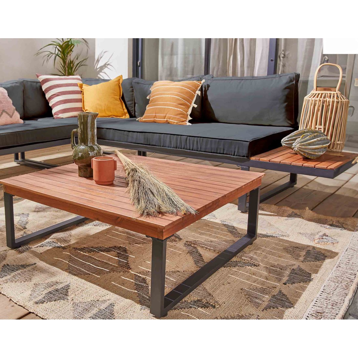 Salon de jardin bois et métal 5 places, YULARA noir / bois / beige, BEST MOBILIER