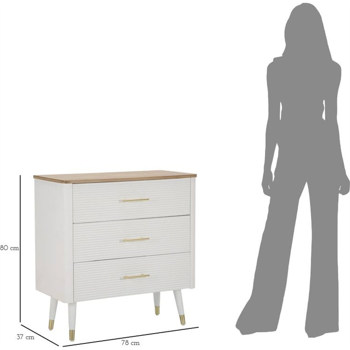 Commode frêne et pin 3 tiroirs poignées laiton blanc et brun avec détails dorés, RECOLLECTION