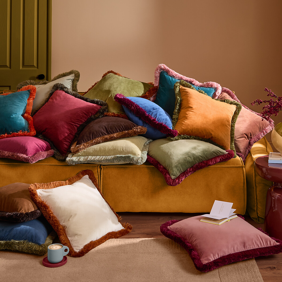 Halo Fringed Velvet Cushion coral/teal, FURN.