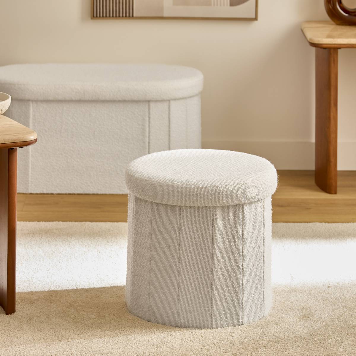 Pouf rond pliable avec rangement FINK blanc, ATMOSPHERA