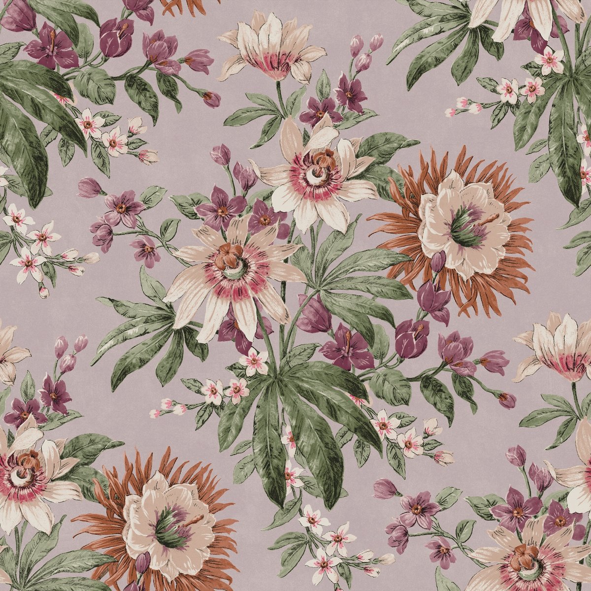 Papier peint Fleurs de la passion automne vert, sépia, violet et écru sur fond parme, BOUTIQUE