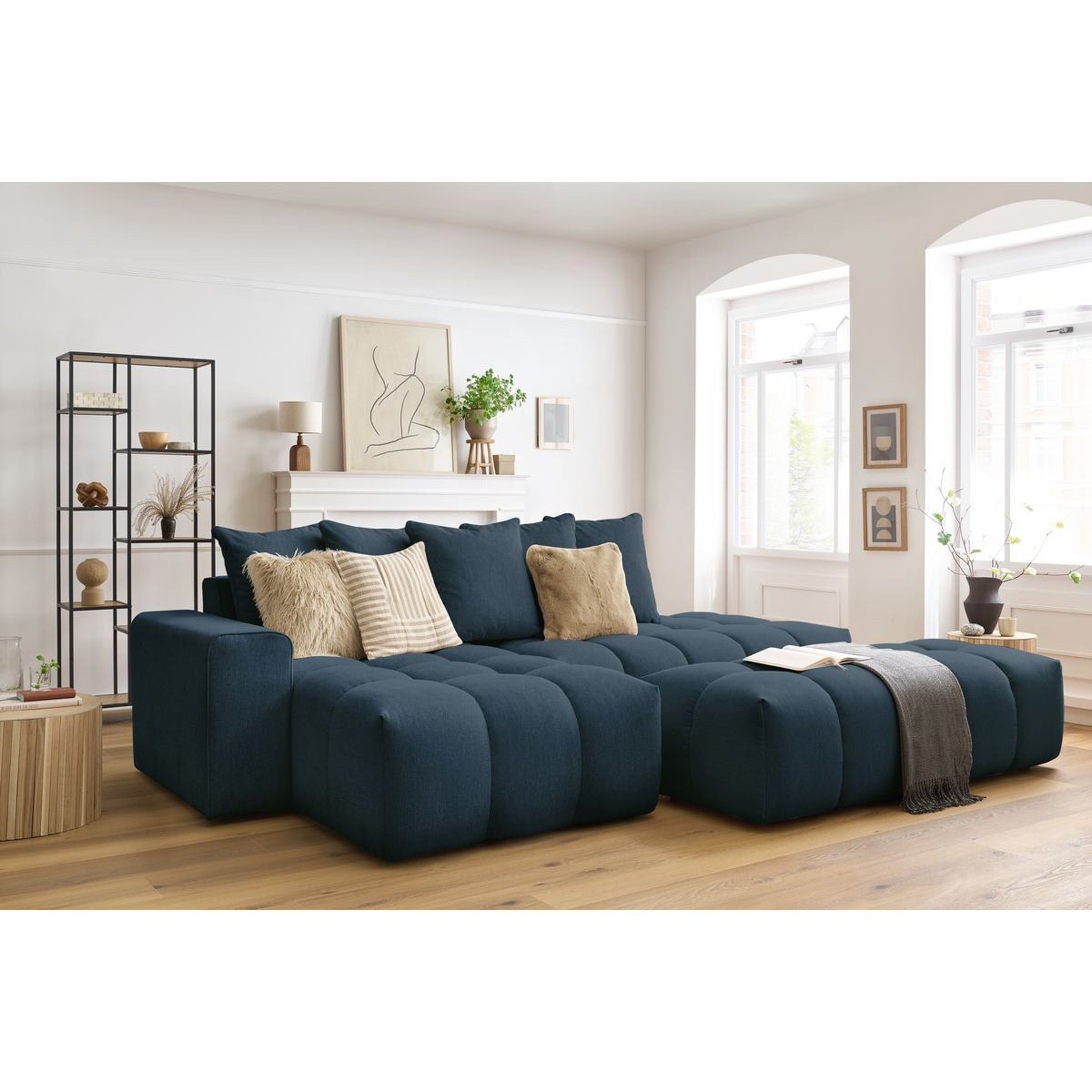 Canapé d'angle fixe 4 places en tissu chiné avec pouf, MONT-BLANC bleu foncé, BOBOCHIC