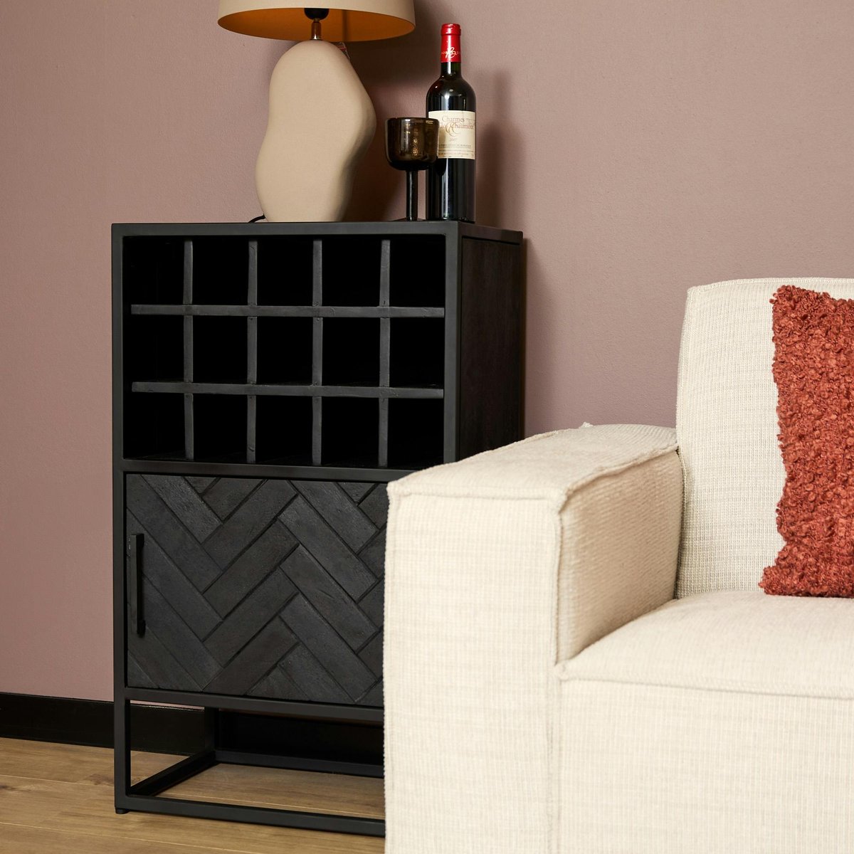 Minibar salon en bois noir pour 15 bouteilles ALVERA noir, PIER IMPORT