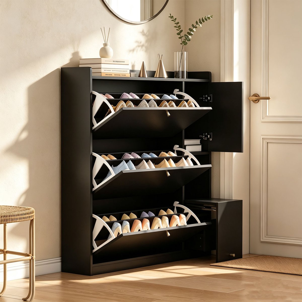 Meuble à chaussures 4 portes 1 tiroir et 1 tabouret, JORDID noir, MEUBLES COSY