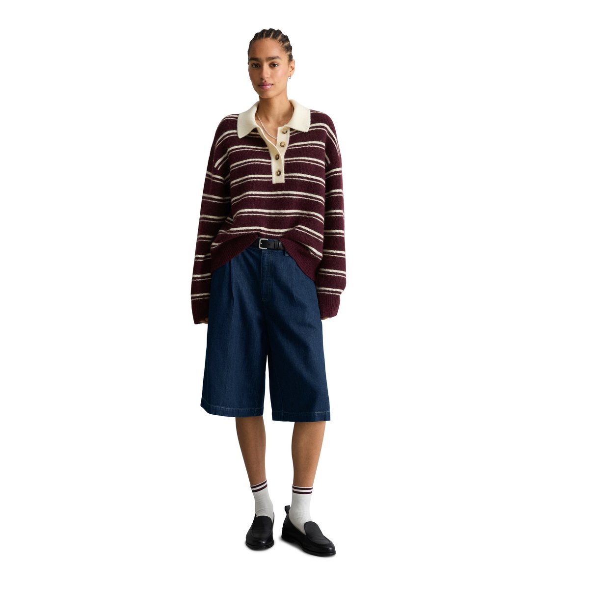 Polo en maille rayé oversize en un mélange douillet de laine d'alpaga marron, MARC O’POLO DENIM