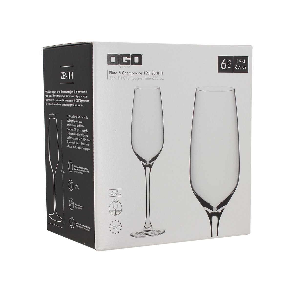 Lot de 6 flûtes 19cl, ZENITH transparent, OGO LIVING