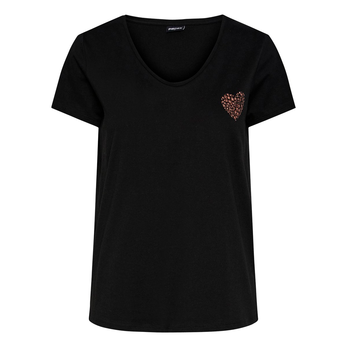 T-shirt col V, motif devant noir, PIECES