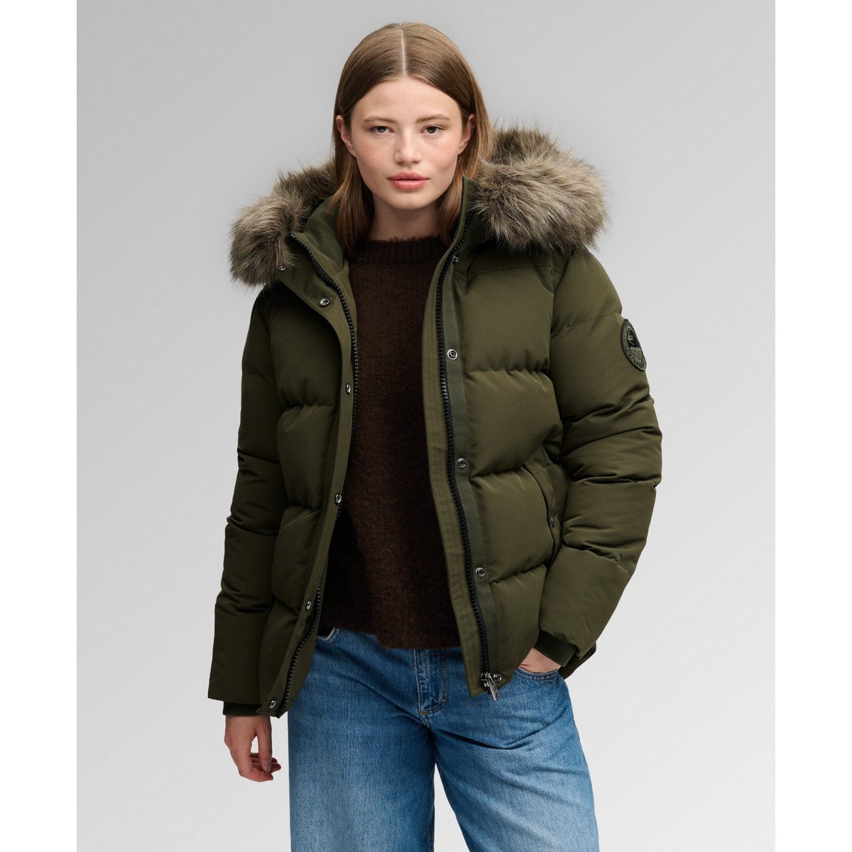 Doudoune courte à capuche en imitation fourrure kaki militaire, SUPERDRY