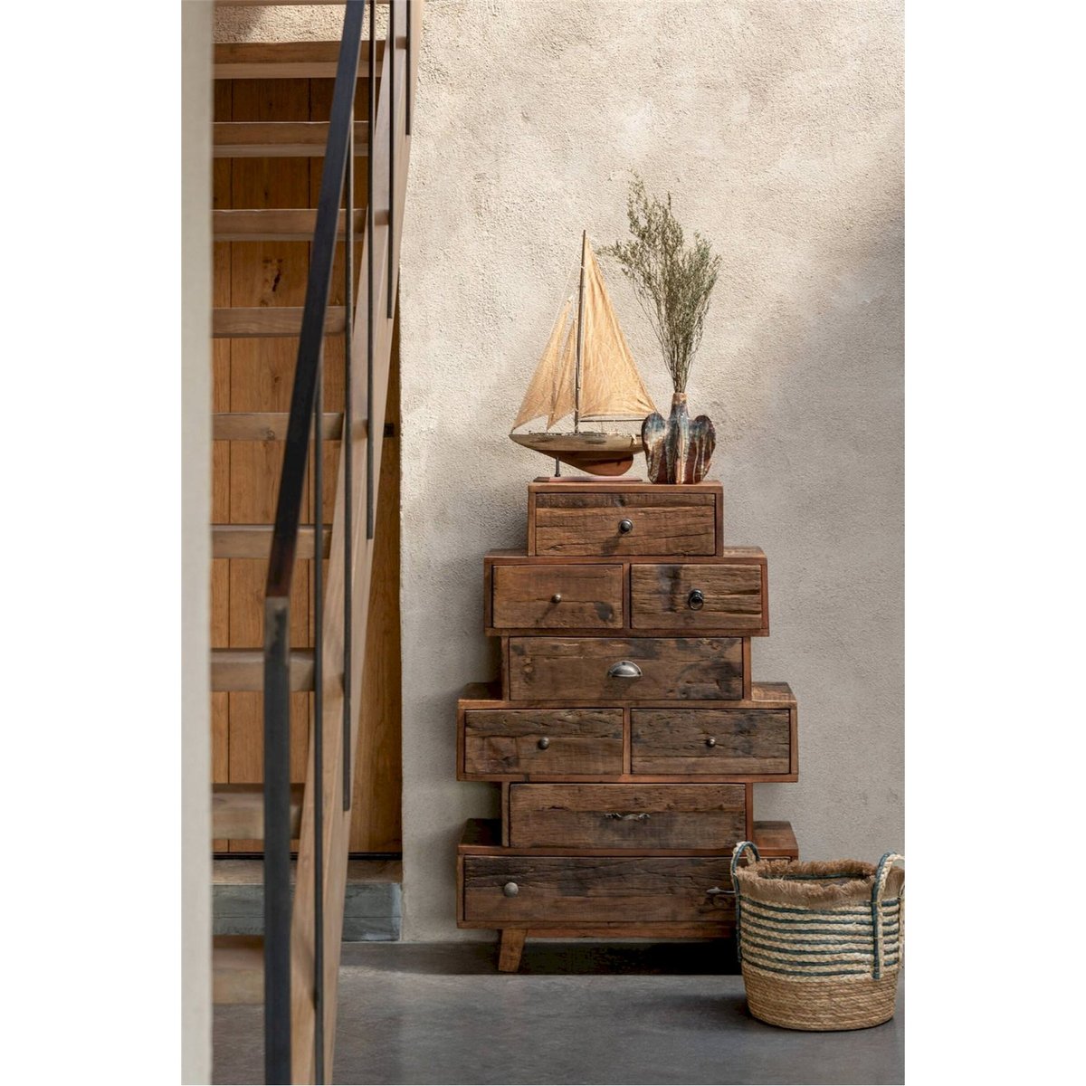 Étagère à tiroirs vintage en bois recyclé naturel, RECOLLECTION