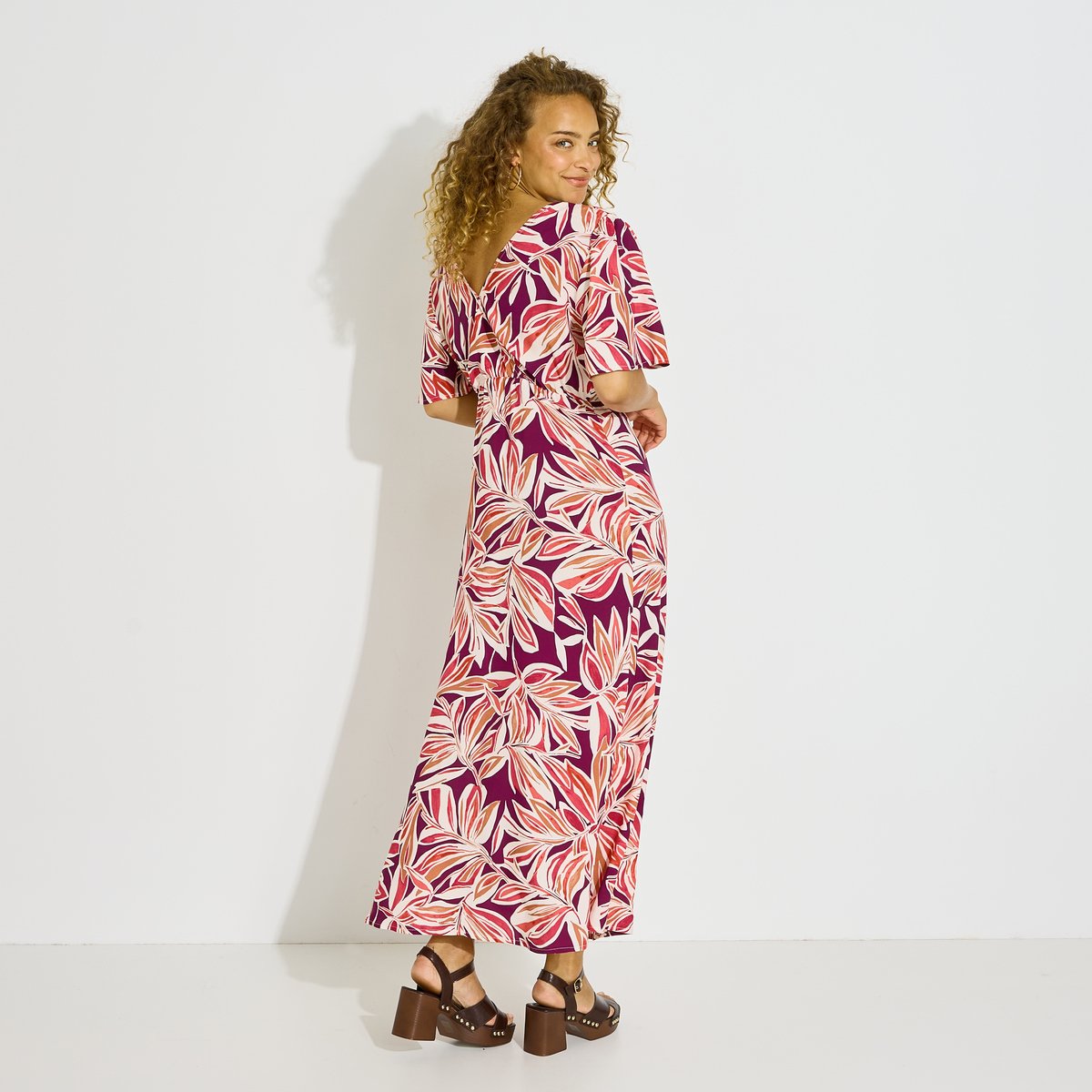 Robe longue habillée imprimé fleuri rose violet, GRAIN DE MALICE