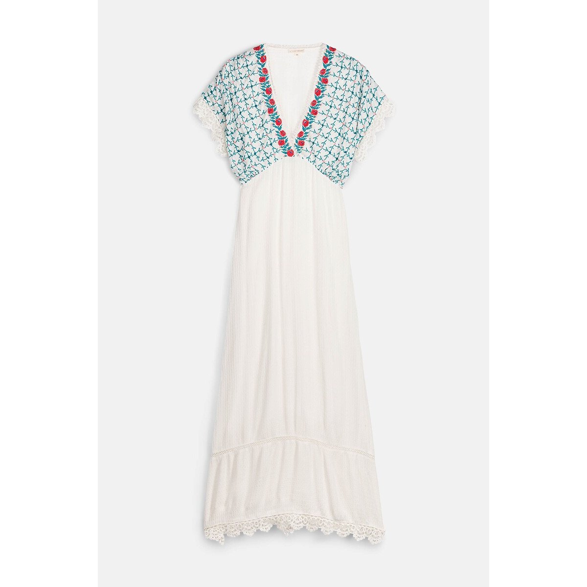 Robe longue brodée col V, BEJOLIE crème, LOUISE MISHA
