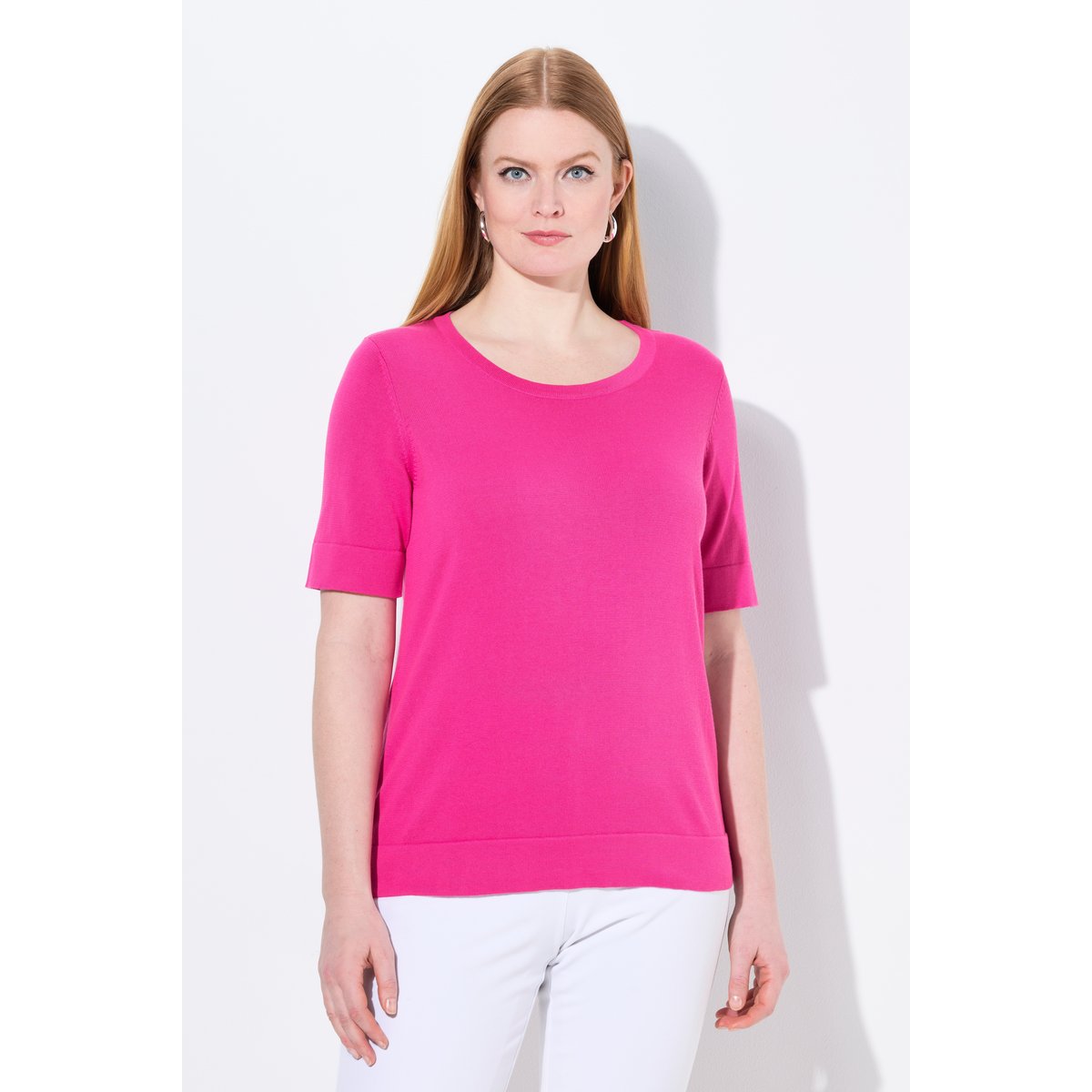 Pull twinset en coton Pima. Col magenta, ULLA POPKEN
