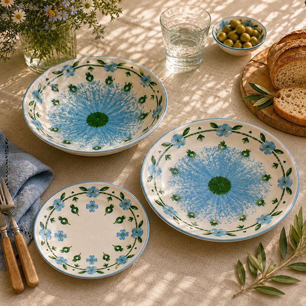 Lot de 6 assiettes plates 27cm en porcelaine, PRIMAVERA blanc et bleu, NOVASTYL