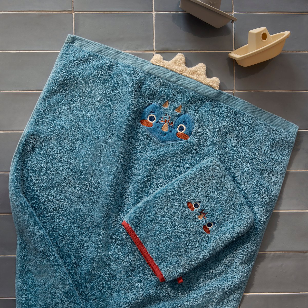 Serviette de toilette coton DINOFUL bleu celeste, CARRE BLANC