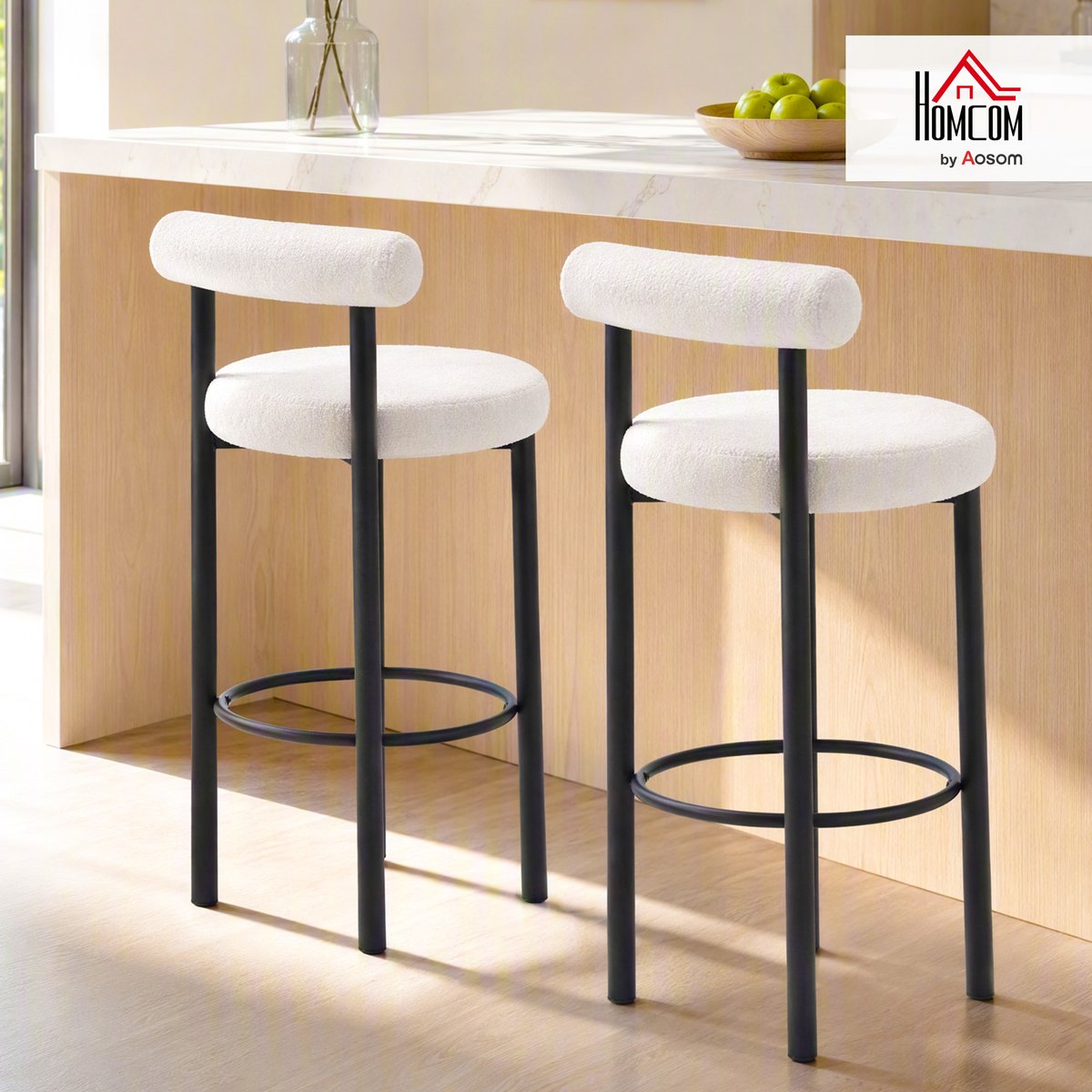 Tabouret de bar Tissu bouclette Blanc blanc, noir, HOMCOM