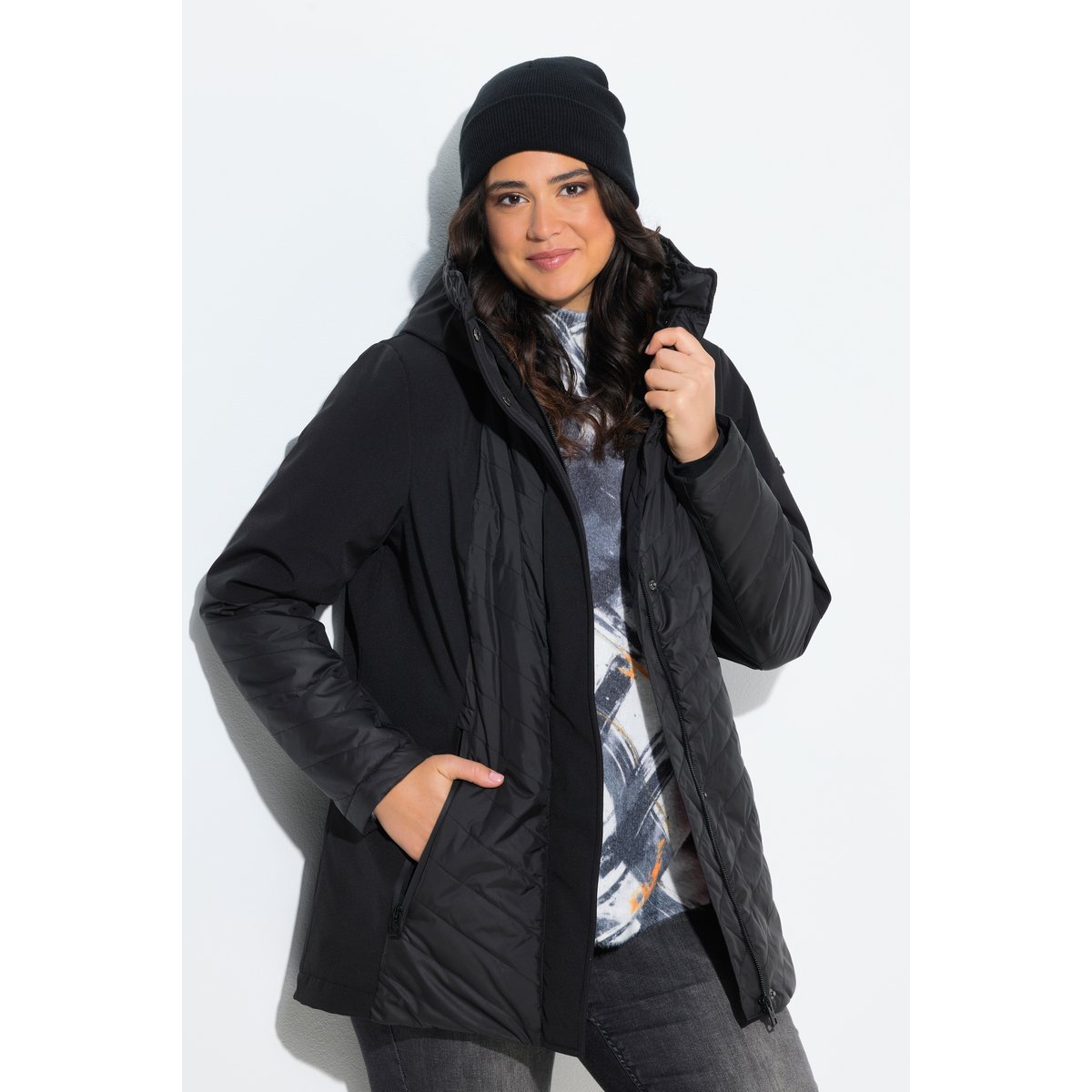 Veste matelassée Softshell à capuche noir, ULLA POPKEN