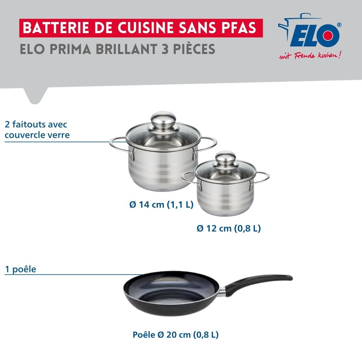 Batterie 1 poêle 20cm + 2 faitouts 12/14cm PRIMA BRILLANT noir, ELO