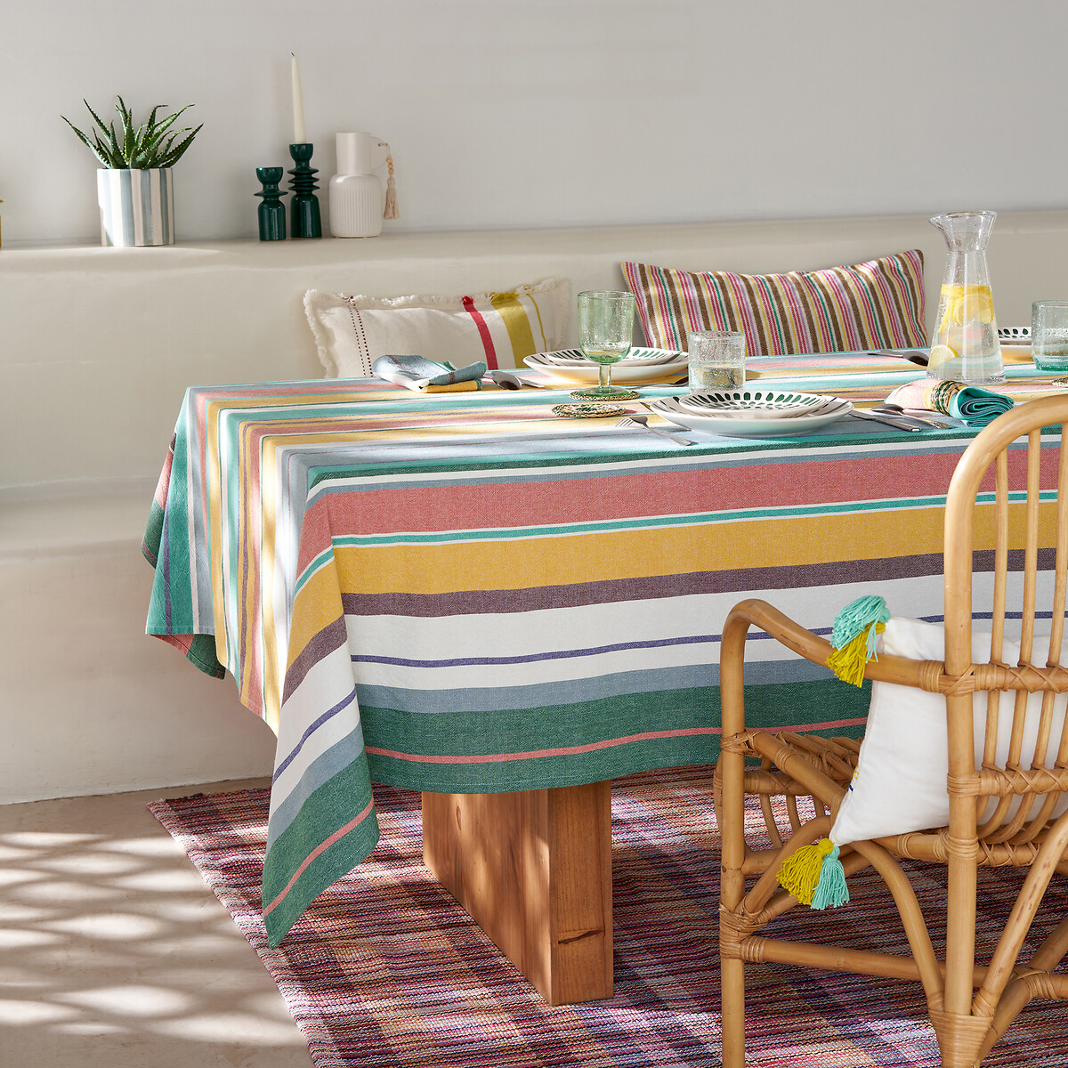 Antika Striped Tablecloth in Washed Woven-Dyed Cotton green/orange/white, LA REDOUTE INTERIEURS