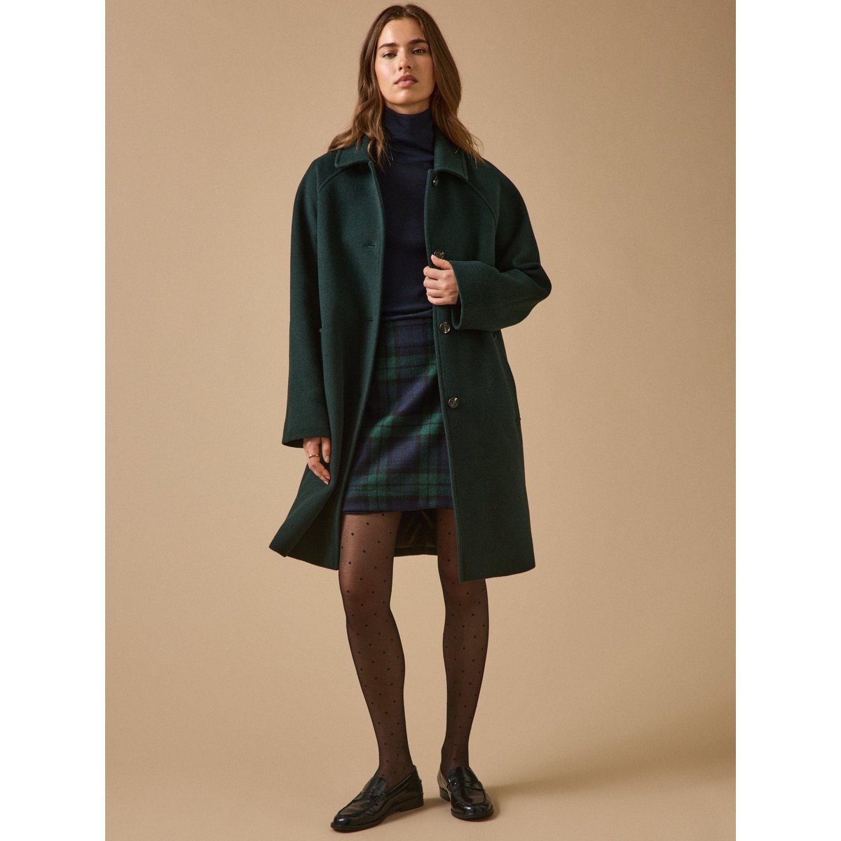 Manteau mi-long lainage uni vert fonce, CYRILLUS