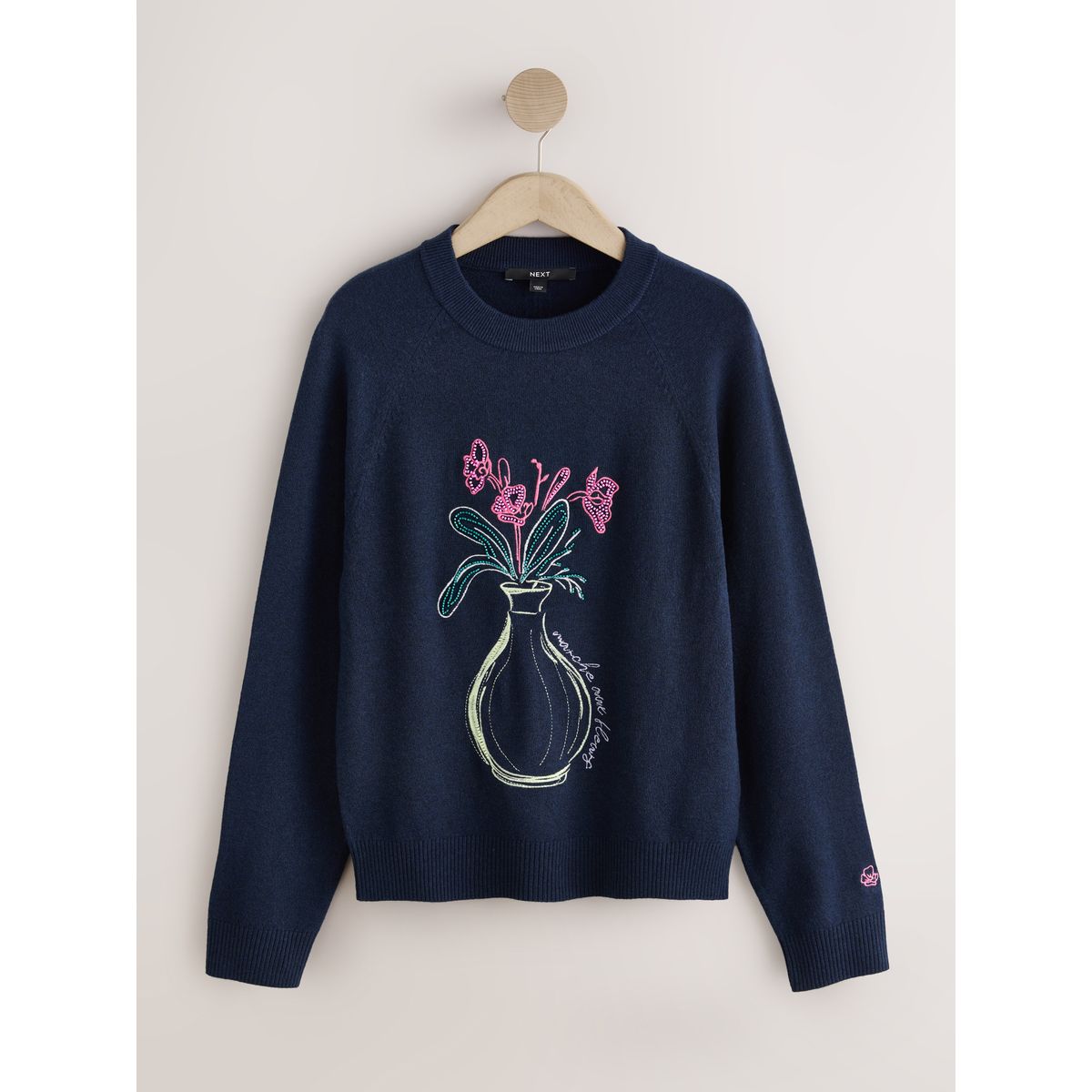 Pull ras du cou ultra-doux à manches longues bleu marine orné de fleurs, NEXT