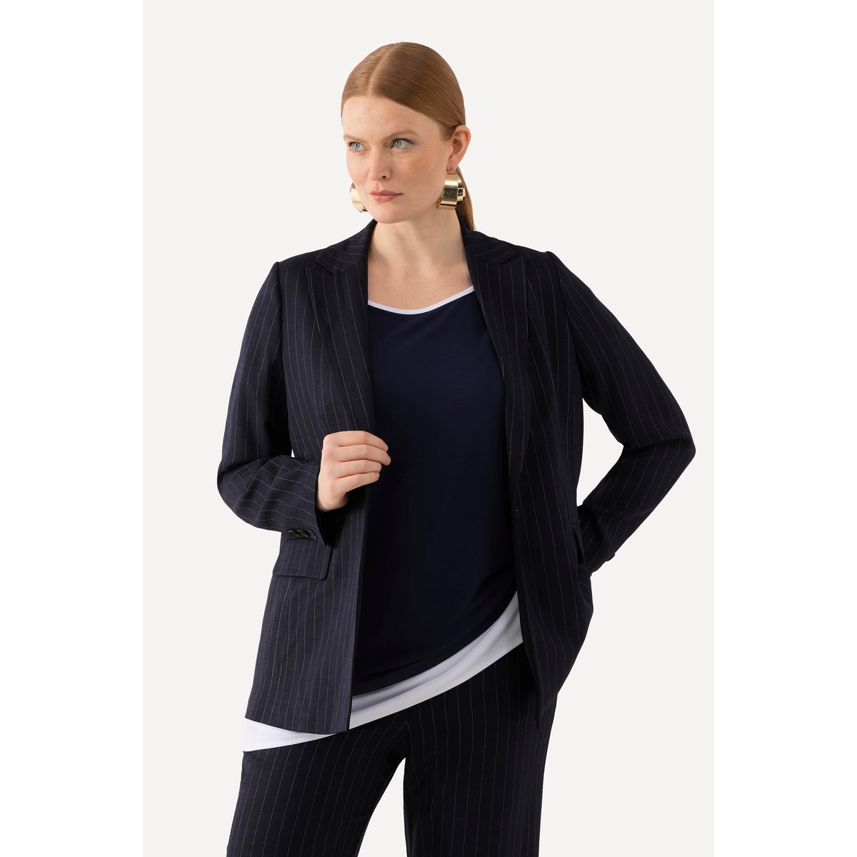 Blazer, rayures fines, col à revers marine, ULLA POPKEN