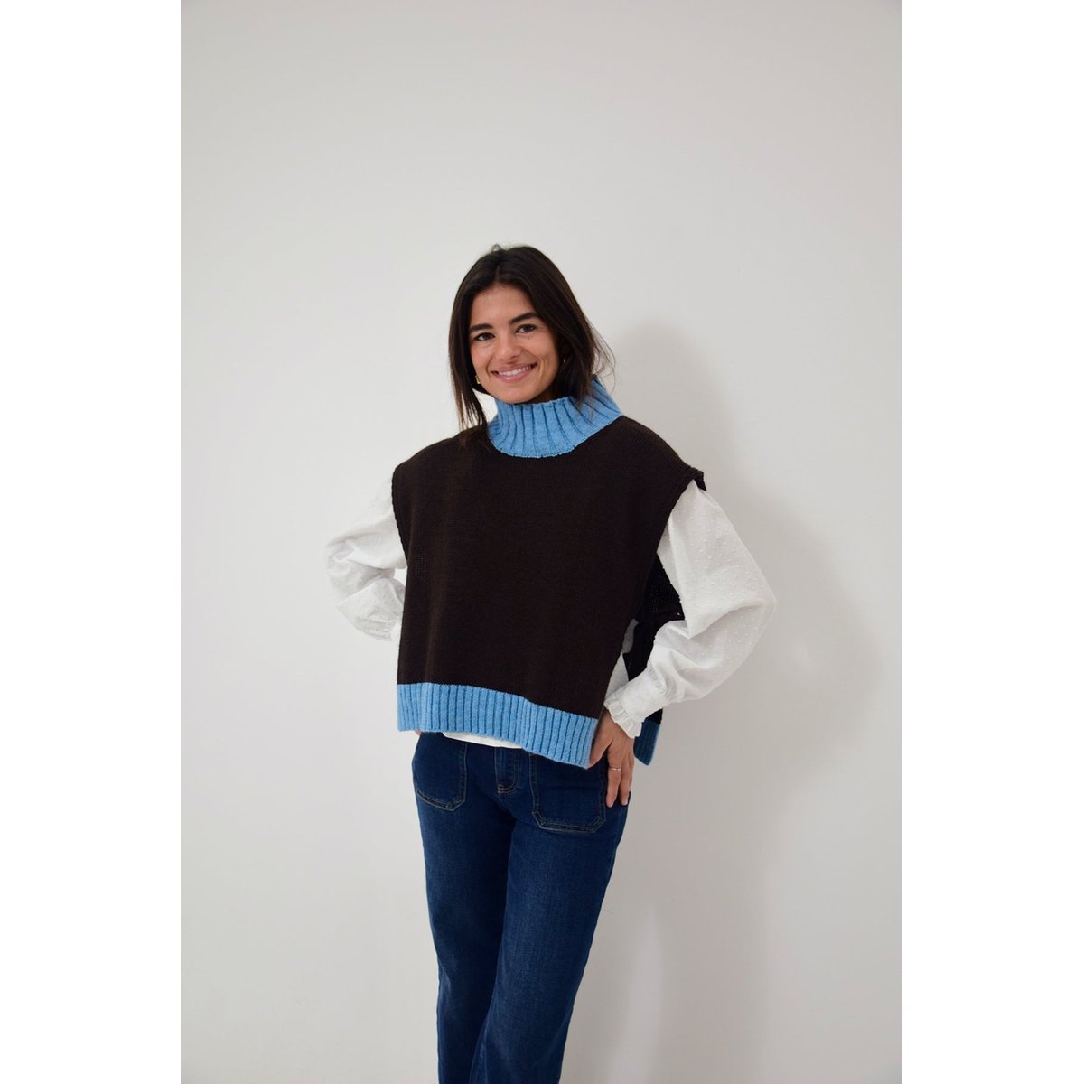 Pull sans manches liens latéraux BRUNA marron / bleu, MINDTRAVELER