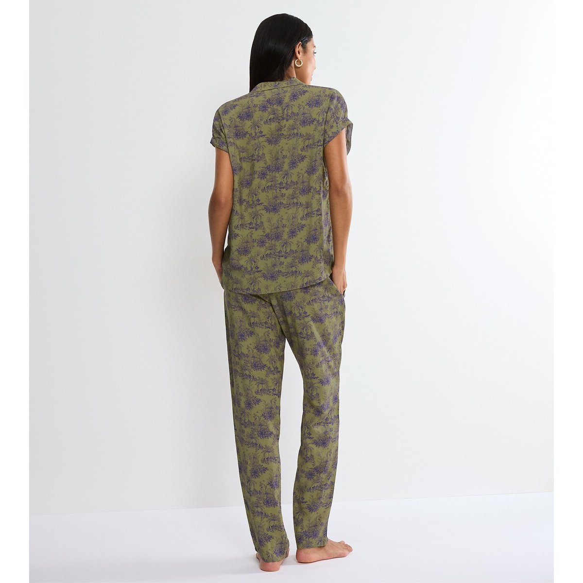 Boyfriend Fit Printed Long Pyjamas printed flower khaki background, TRIUMPH