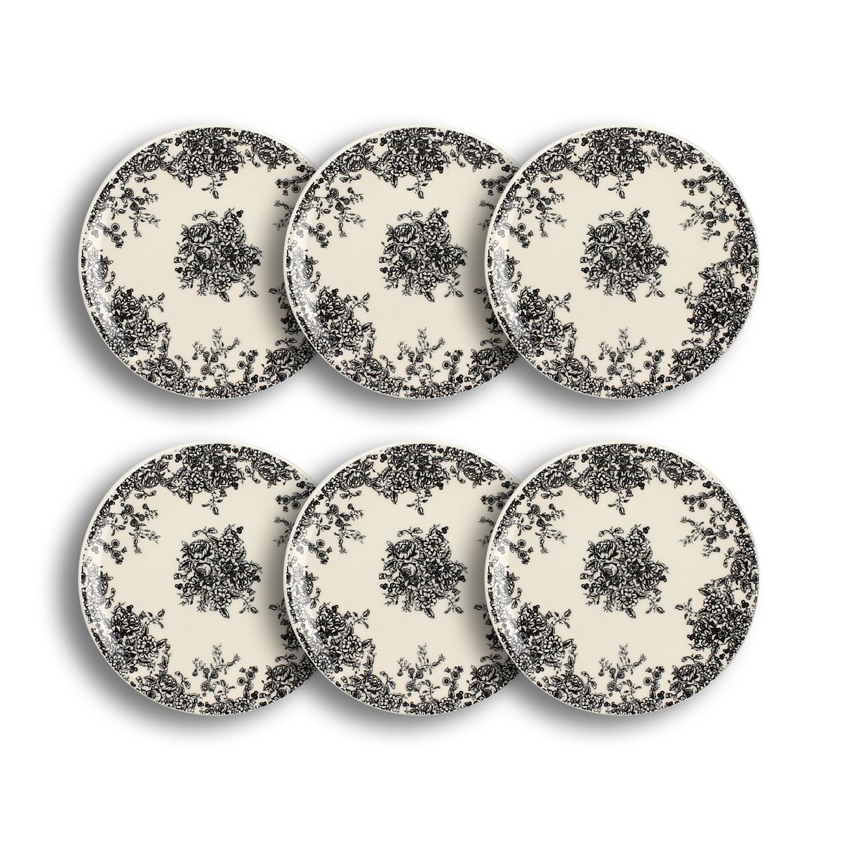 Lot de 6 assiettes à dessert en grès 19,5cm, FLORALI noir, NOVASTYL