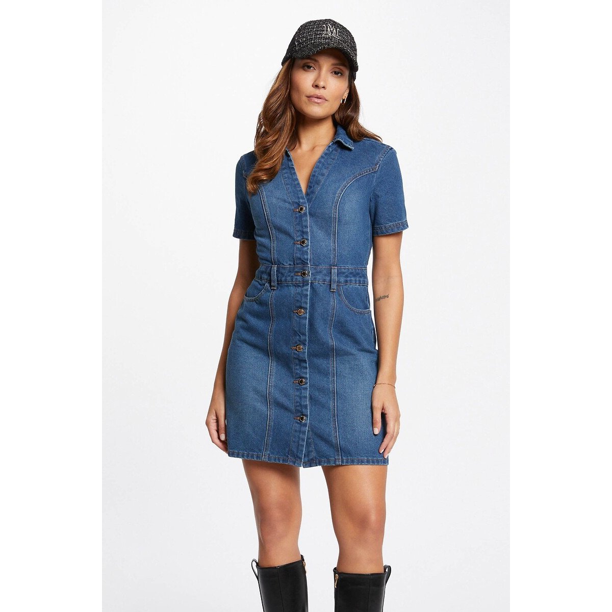 Robe courte en jean col V bleu stone, MORGAN