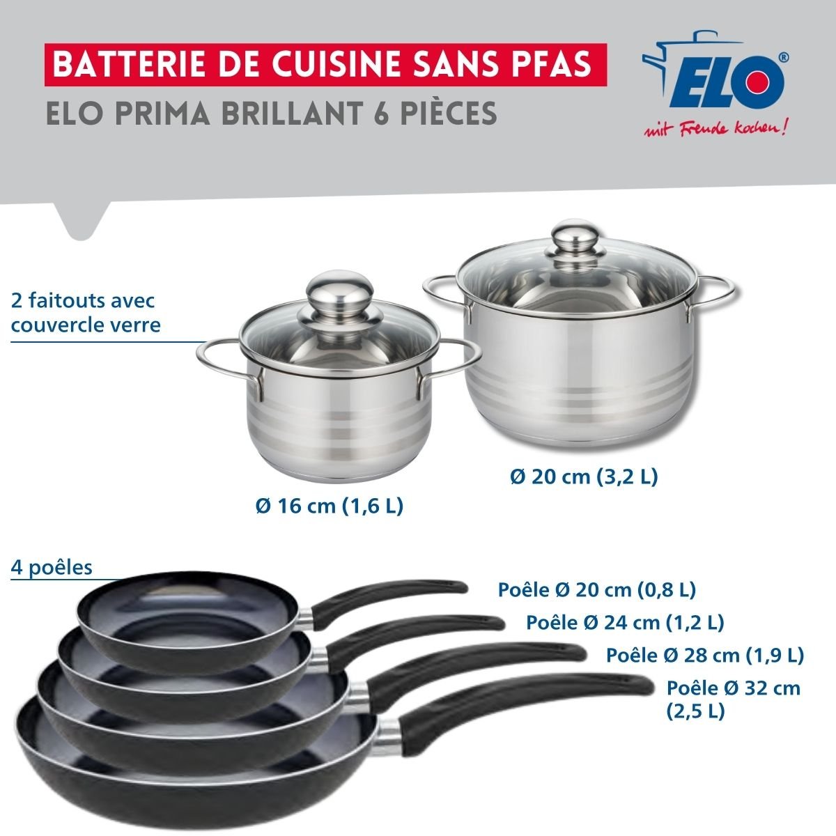 4 poêles 20/24/28/32cm + 2 faitouts 16/20cm PRIMA BRILLANT noir, ELO