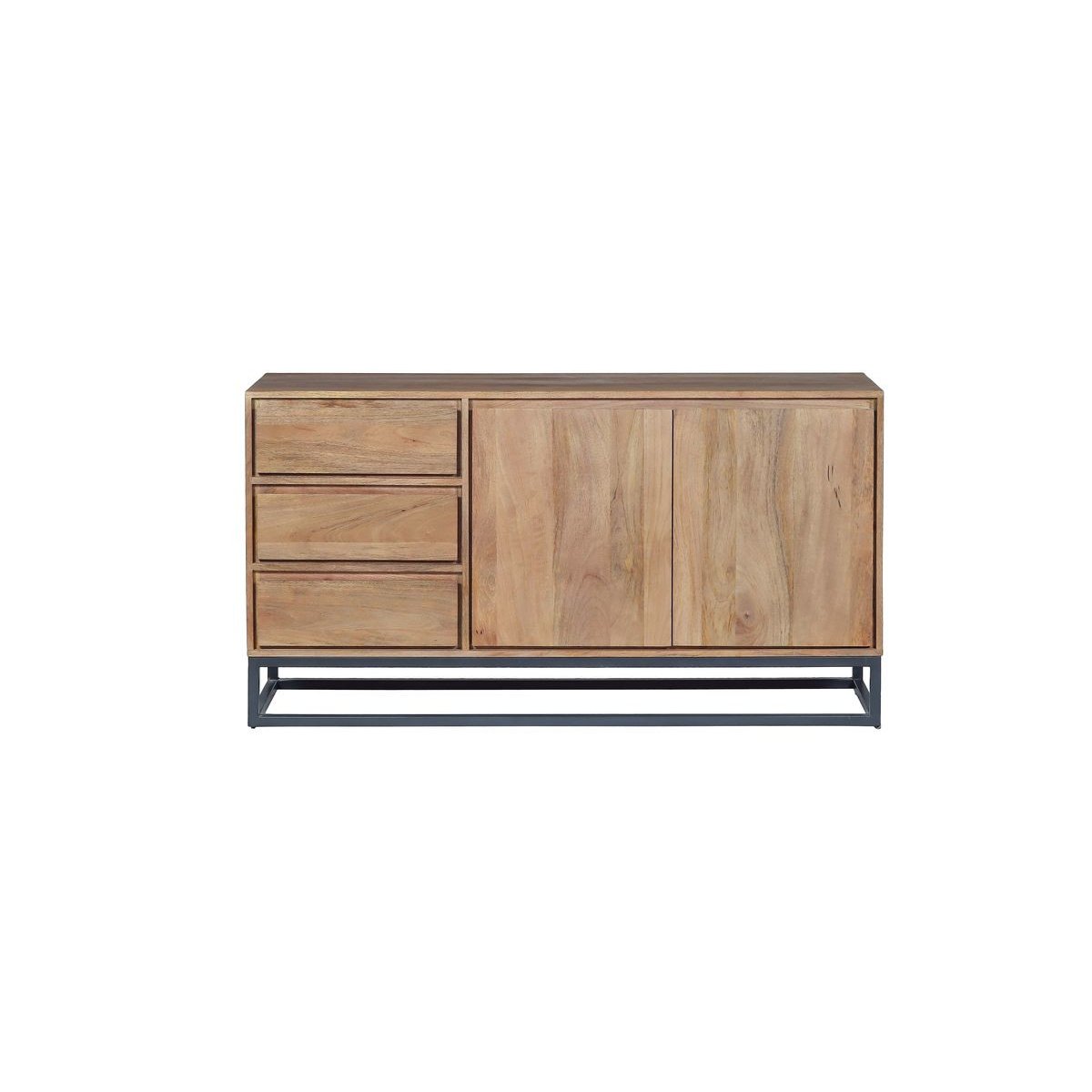 Buffet bas en bois massif 2 portes 3 tiroirs 150 cm, BERGERAC marron clair, BOBOCHIC