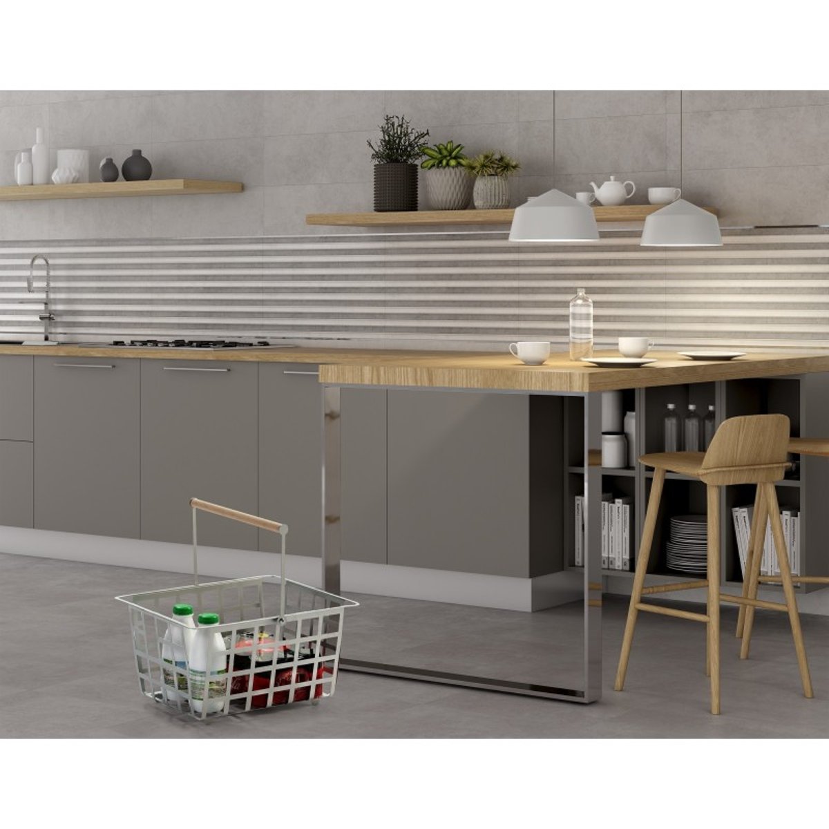 Set de 2 semi grands paniers avec poignée en bois, ZESTA. gris, DON HIERRO