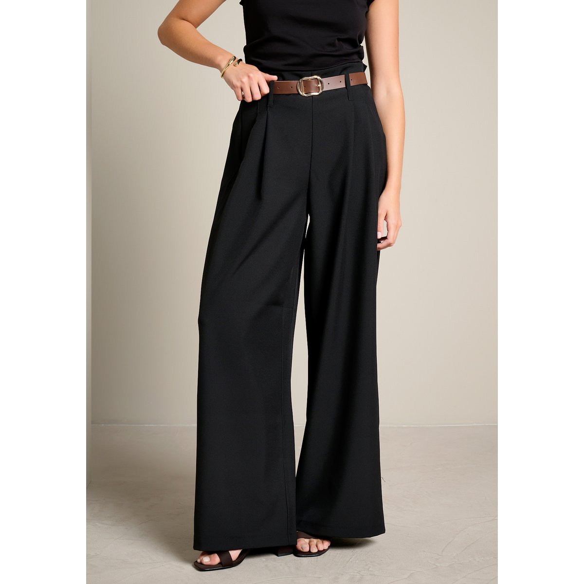 Pantalon large ceinturé noir, LOLALIZA