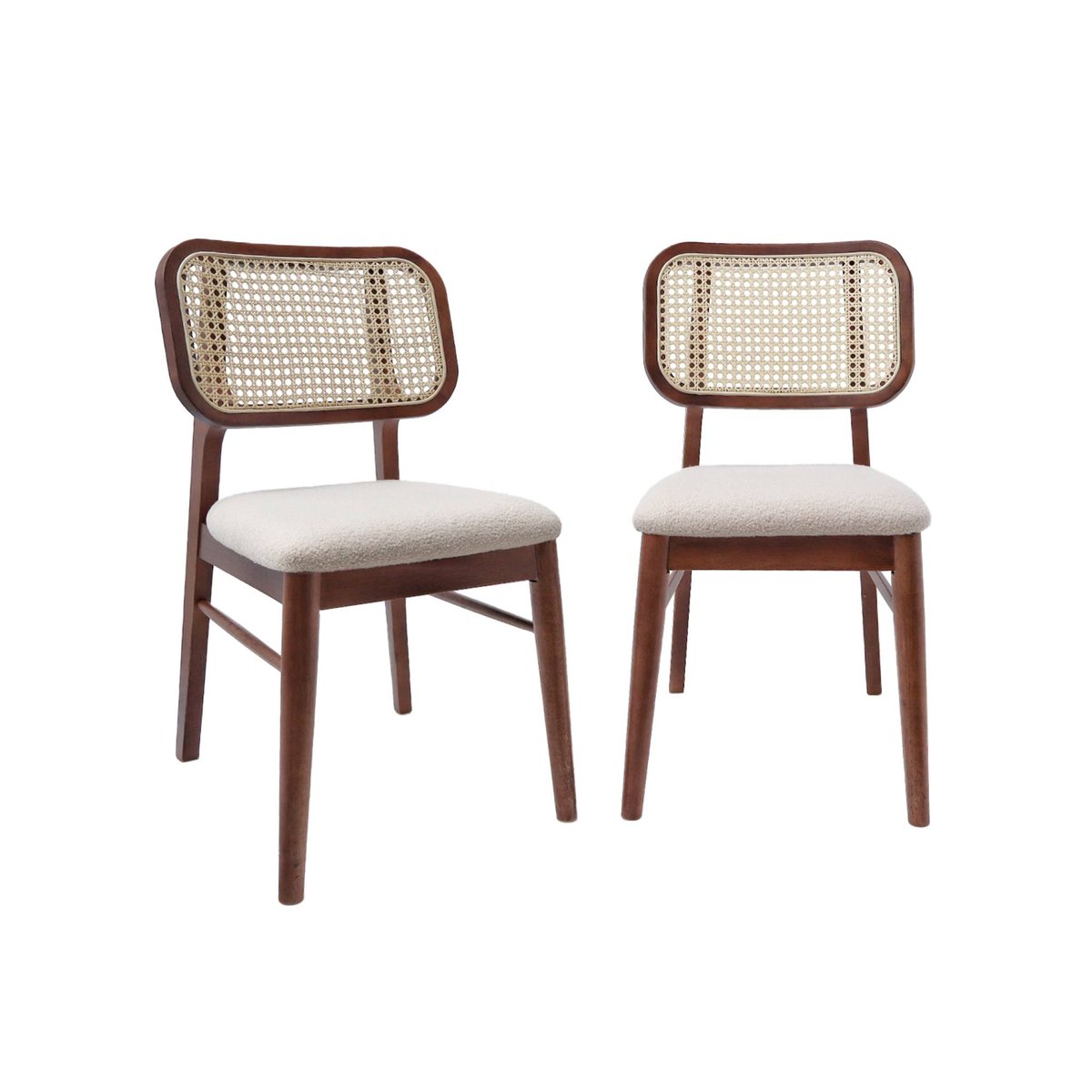 Chaise vintage bois d'hévéa cannage et bouclette (lot de 2) MANI noyer, SWEEEK