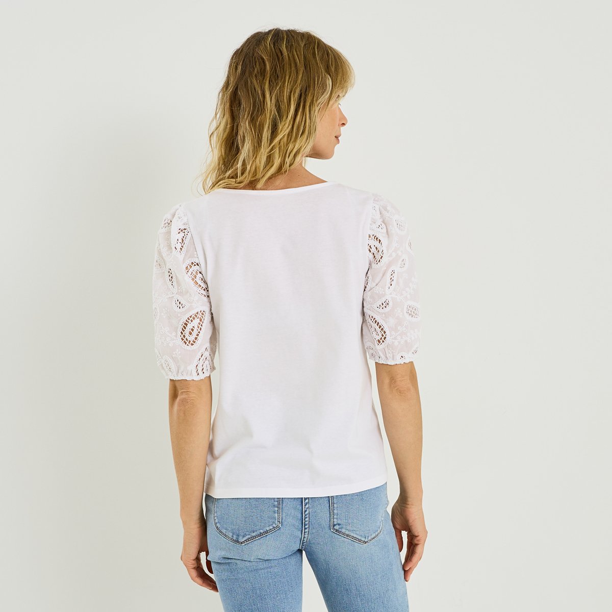 T-shirt manches broderie anglaise blanc cassé blanc, GRAIN DE MALICE