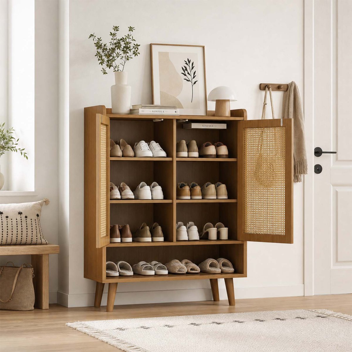 Meuble à chaussures avec cannage, MELVINE chêne, MEUBLES COSY