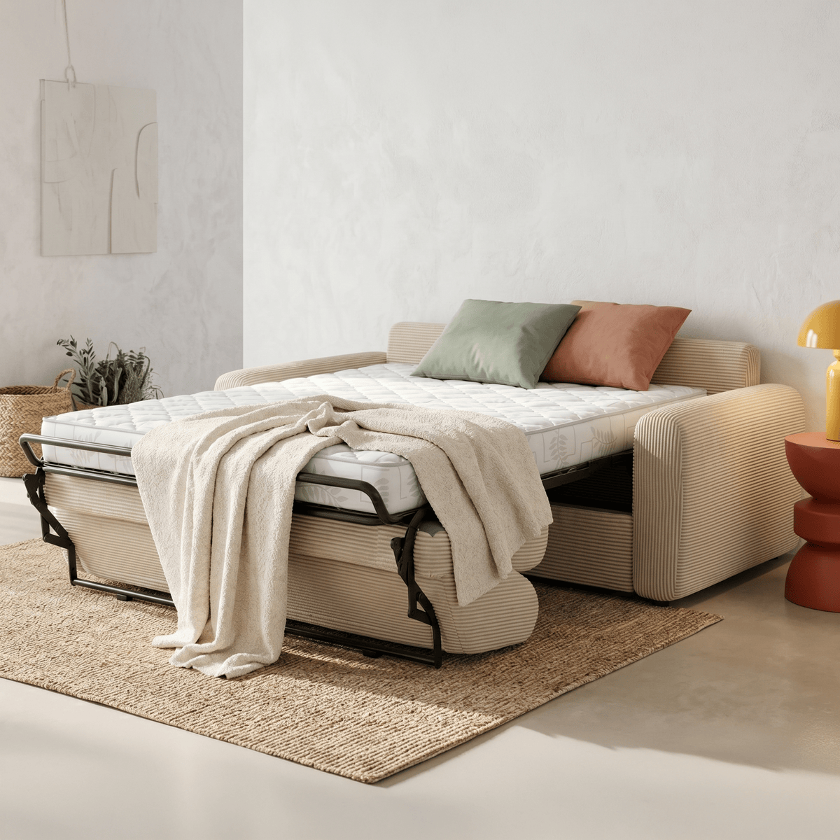 Canapé droit convertible 3 places en velours côtelé - ouverture express - SALVIA beige, HOMIFAB
