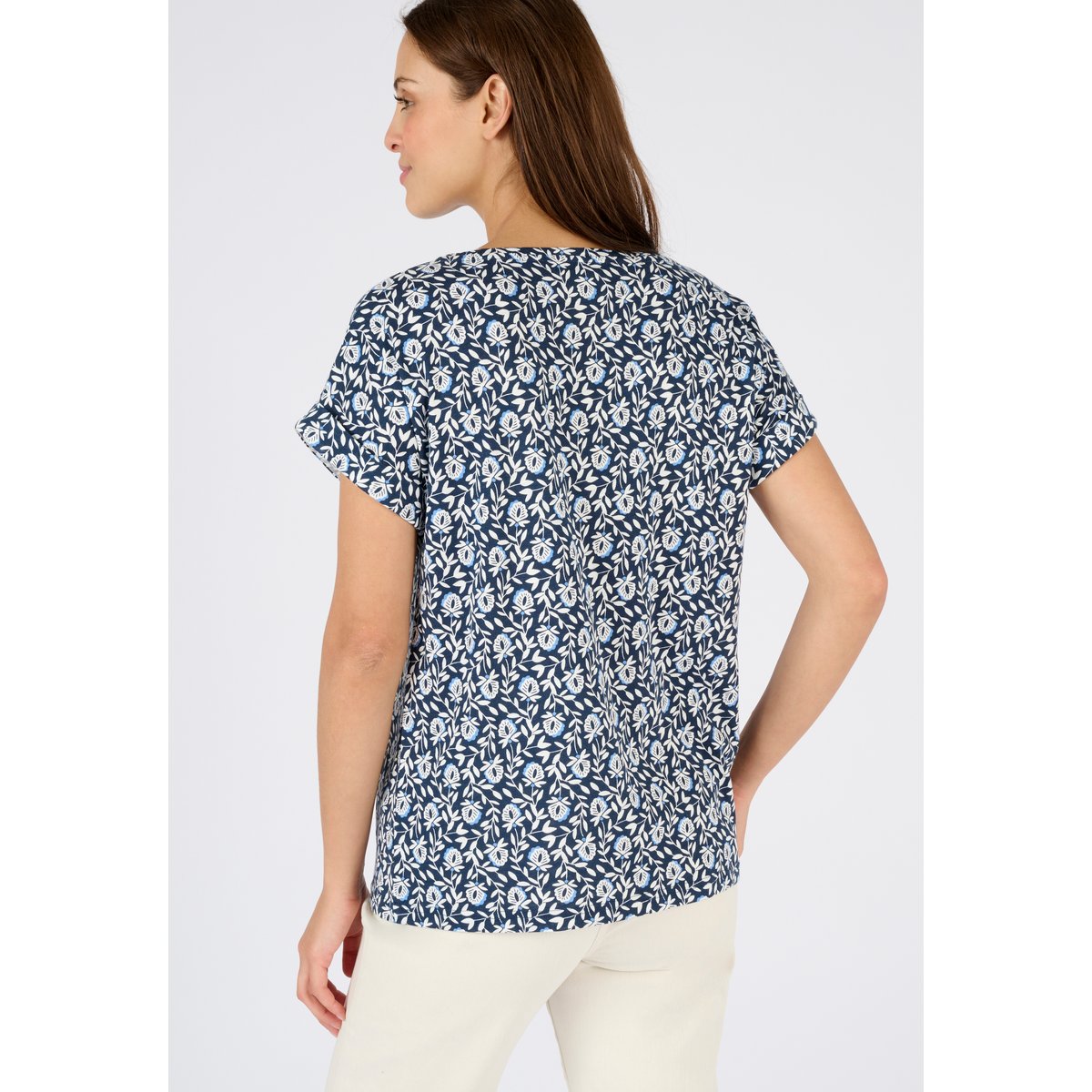 T-shirt flammé imprimé végétal bleu marine feuillage, DAMART