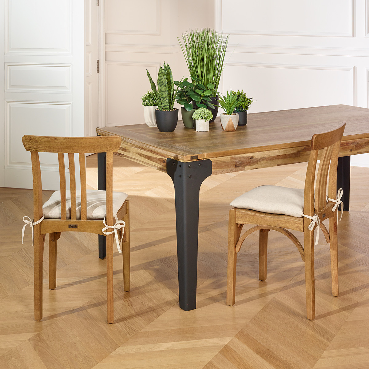 Lot de 2 chaises bistrot en chêne et coussin en lin CALBAR lin, ROBIN DES BOIS