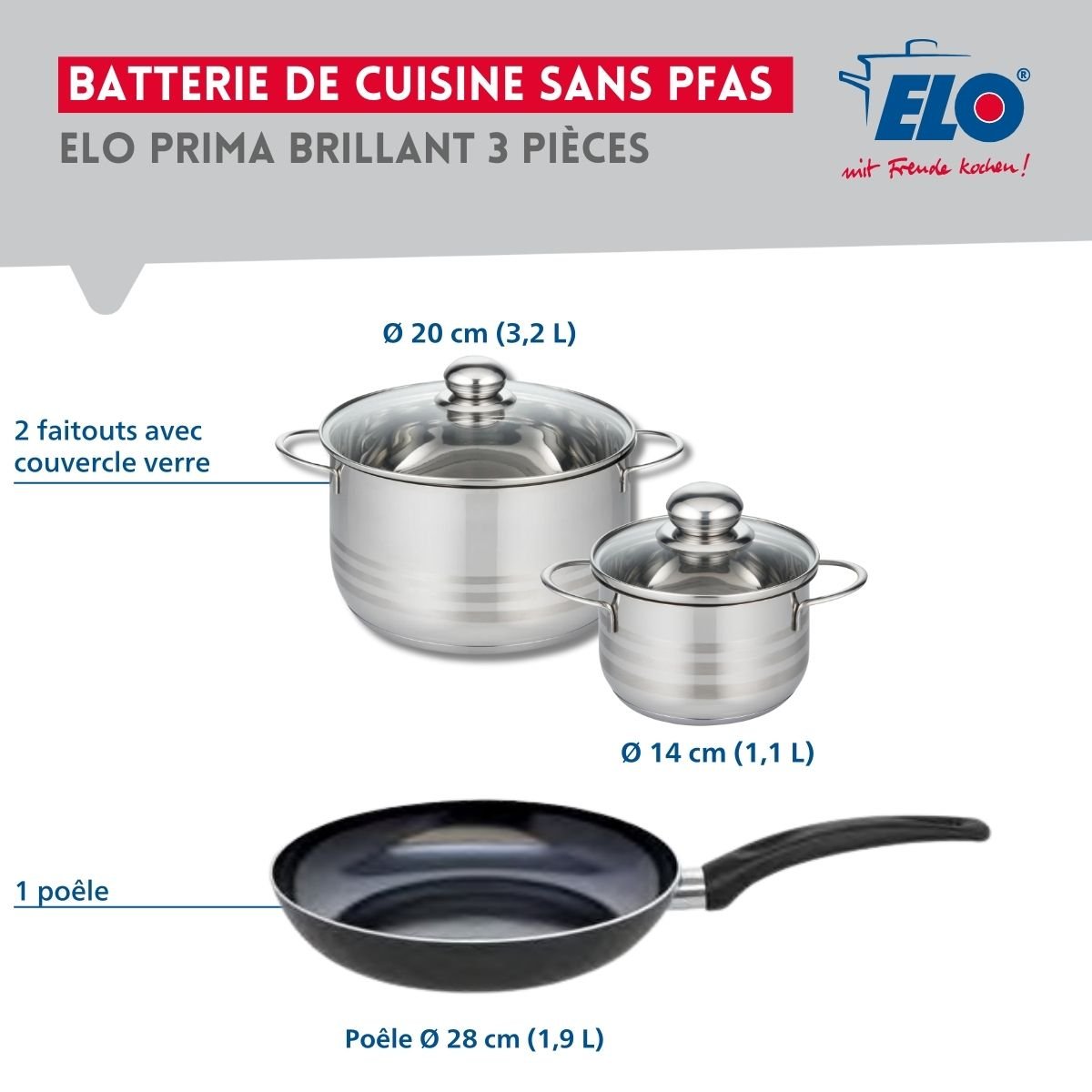 Batterie 1 poêle 28cm + 2 faitouts 14/20cm PRIMA BRILLANT noir, ELO