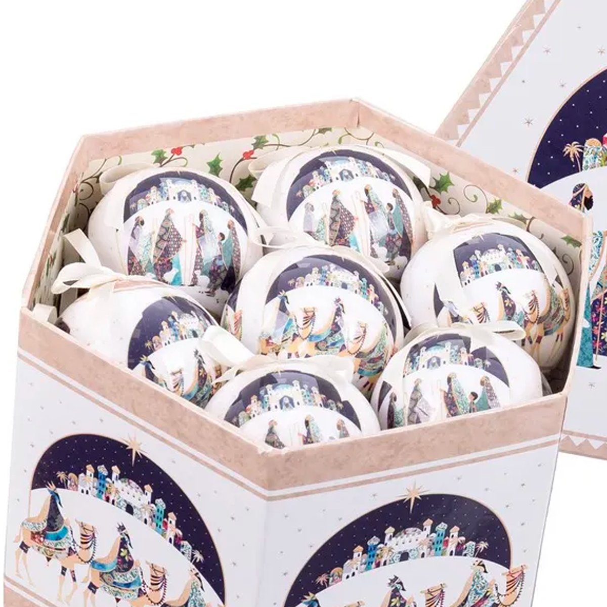 Coffret de 14 boules de Noël rétro rois mages 7.5cm bleu, WADIGA