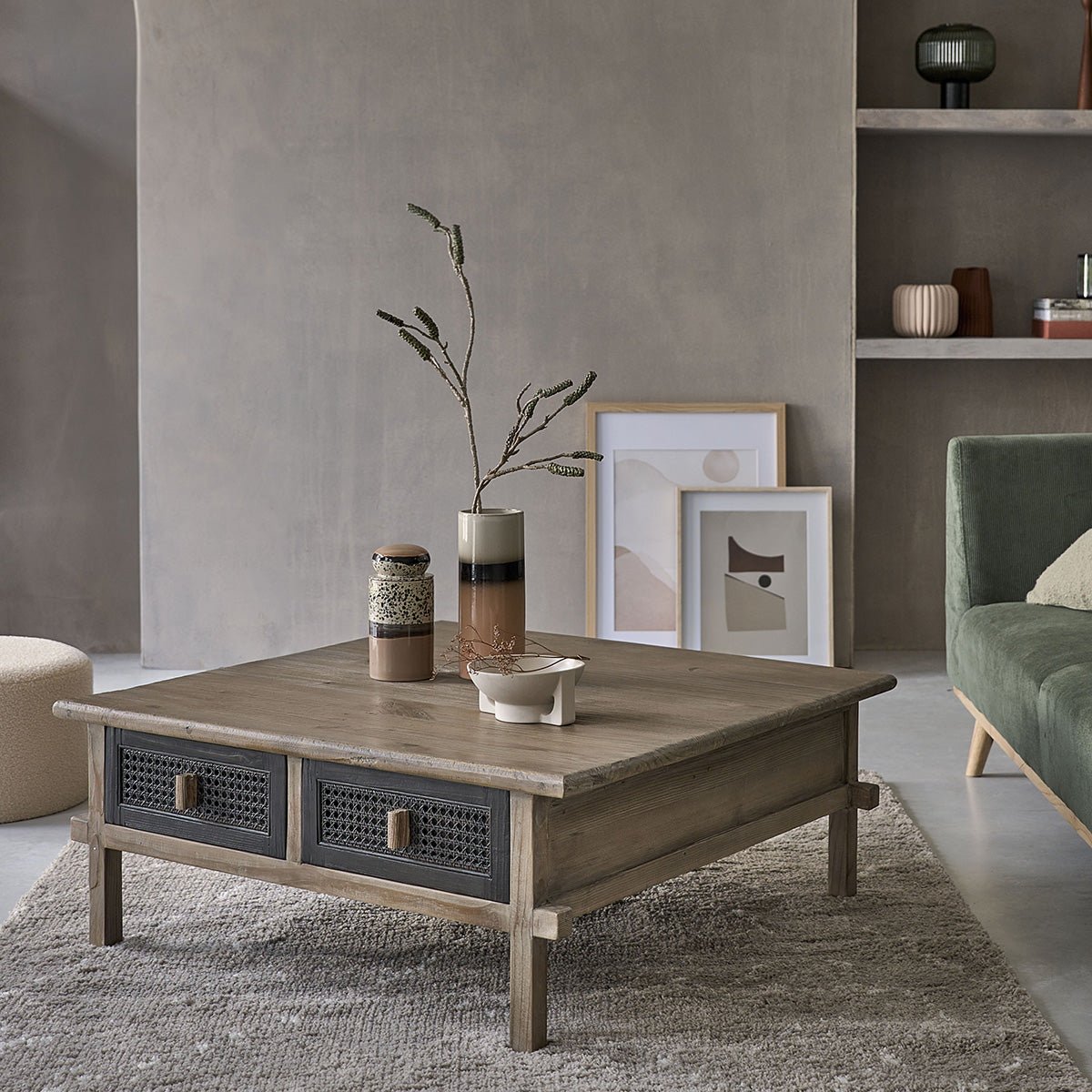 Table basse en bois recyclé massif 100 cm 2 tiroirs  JUNKO gris, BERAH GETAH