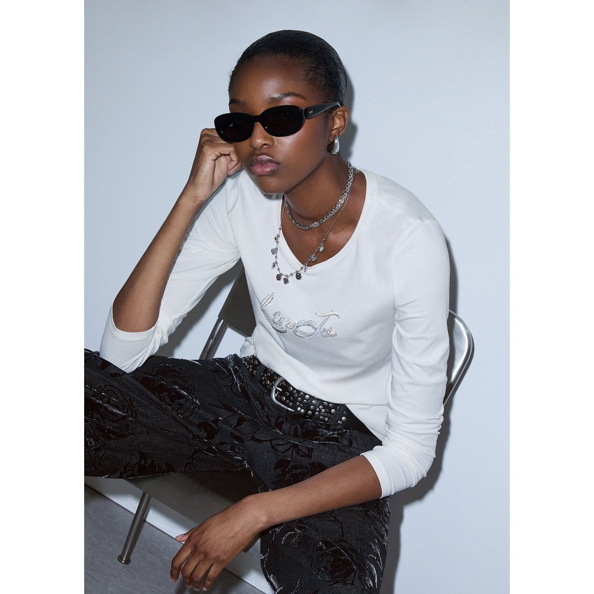 T-shirt à manches longues avec sequins blanc, LIU JO