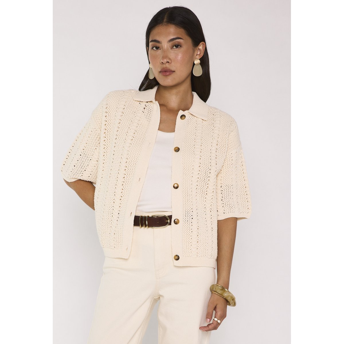 Gilet maille à manches courtes en coton mélangé ADELE creme, Maison 123