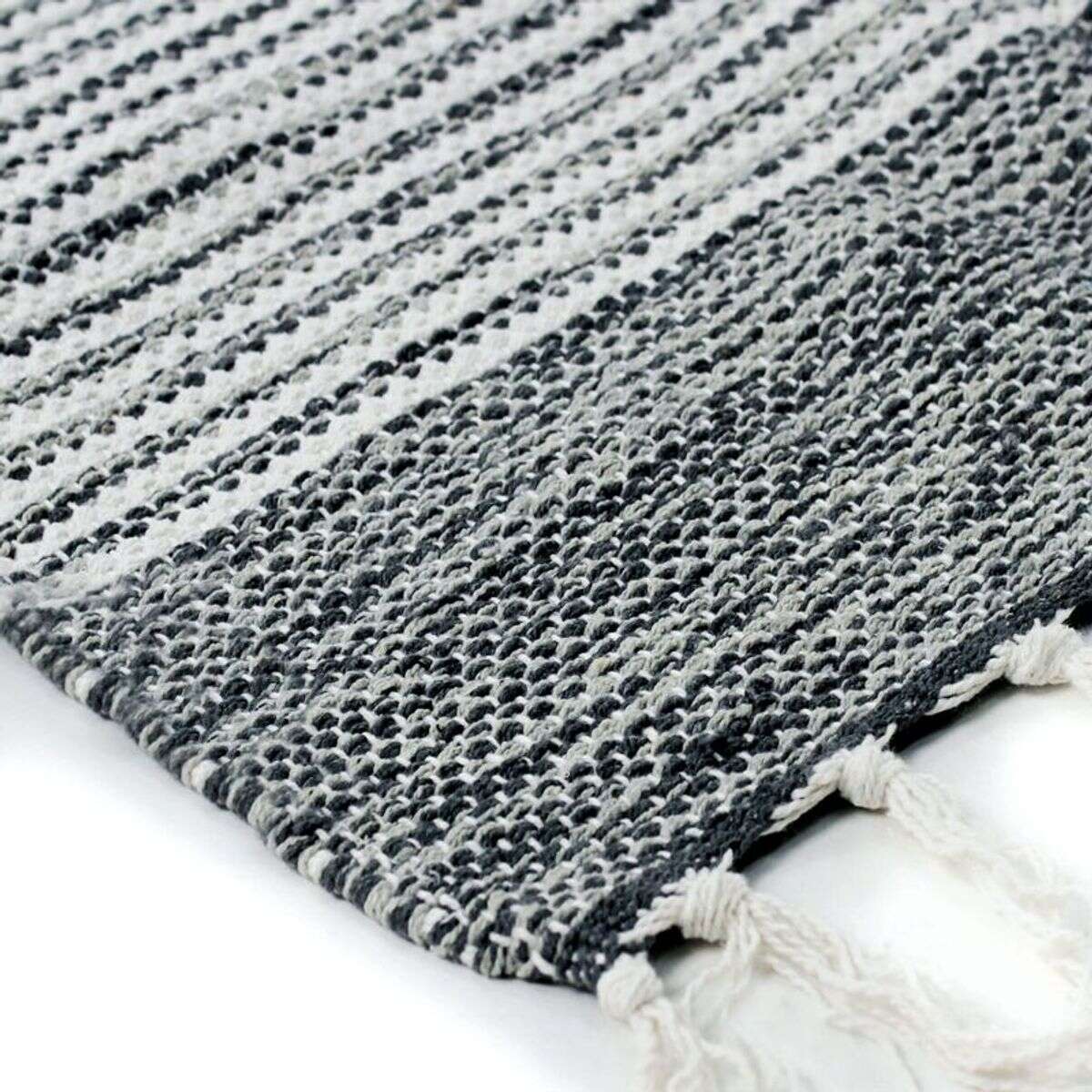Tapis salon artisanal en coton gris blanc, THE DECO FACTORY