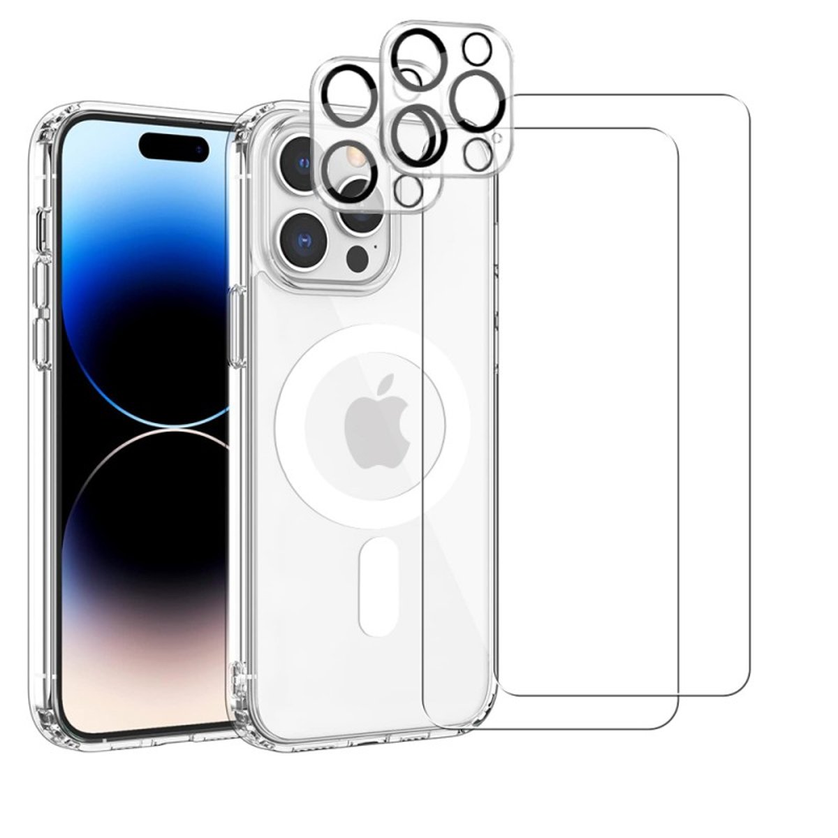Coque Anti-choc compatible Magsafe pour iPhone 14 Pro Transparente + 2 protections écran et 2 protections objectif caméra transparent, EVETANE