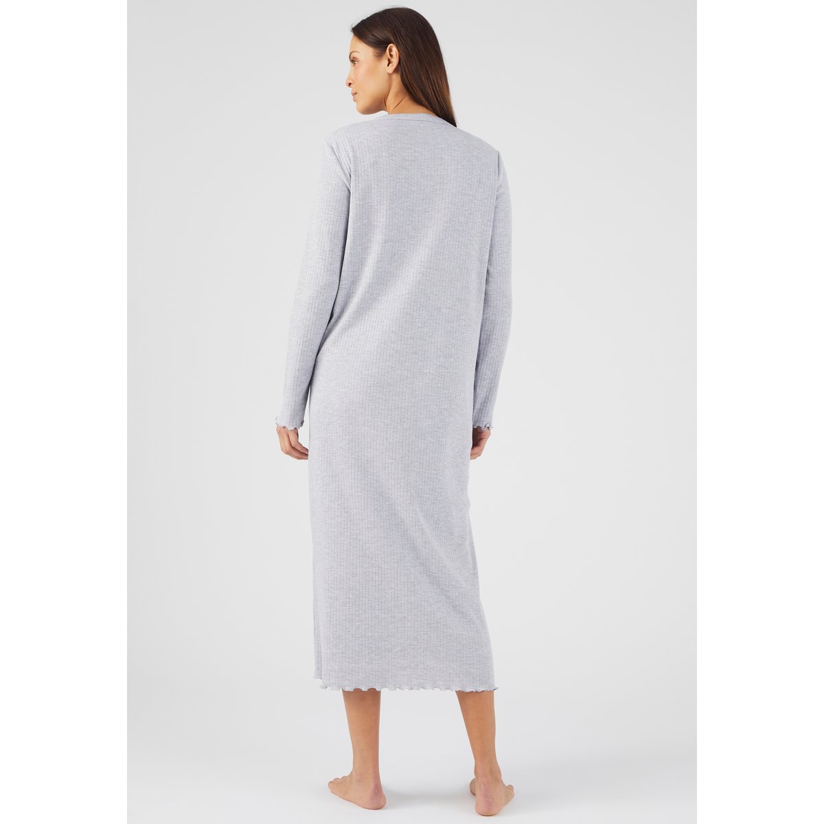 Chemise de nuit maille interlock côtelée douce et souple gris chiné, DAMART