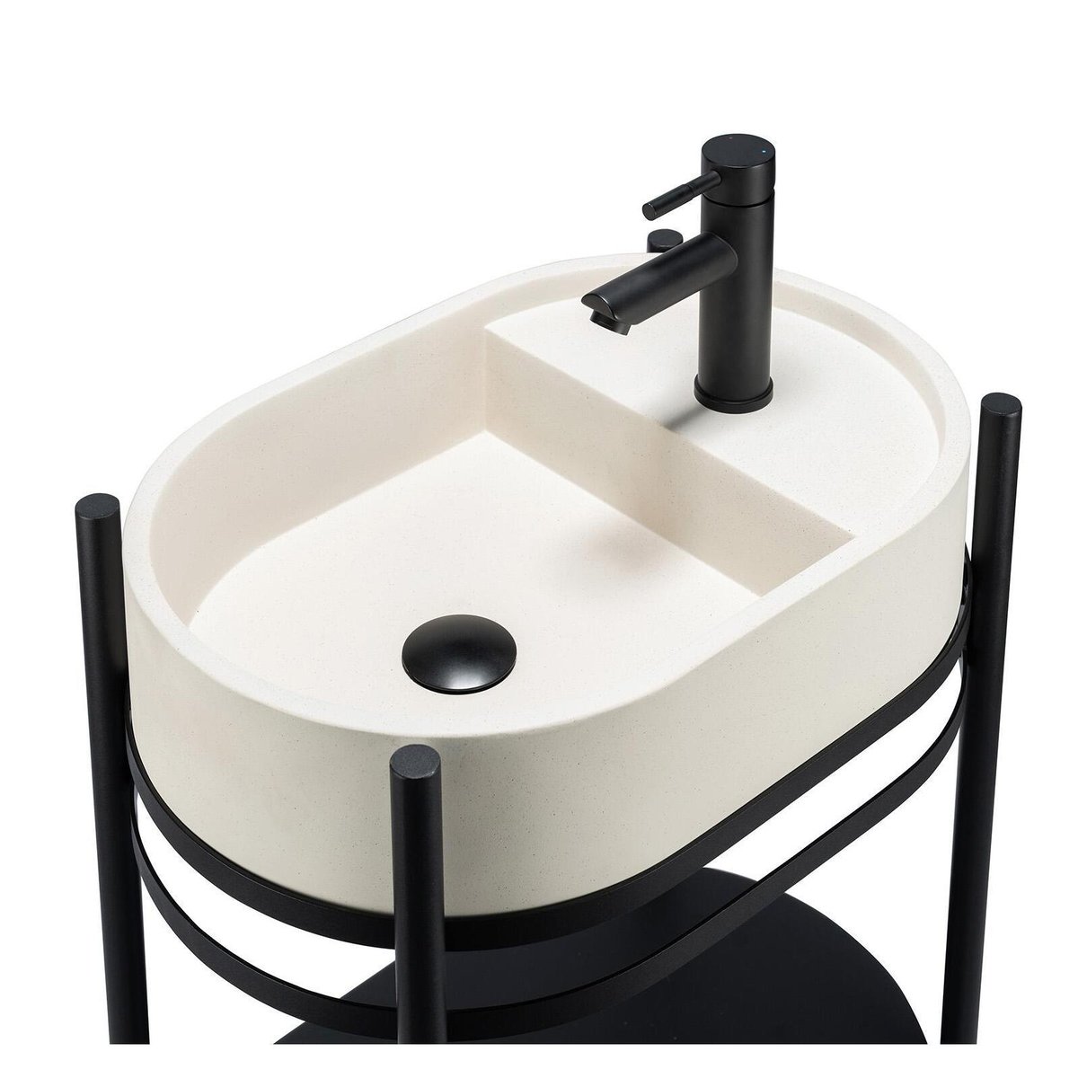Meuble simple vasque sur pieds 55cm en métal noir et vasque béton et robinet noir et miroir beige, MOB IN